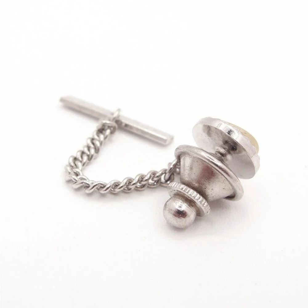 Vintage Silver Tone Faux Cat Eye Moonglow Lucite Tie Tack Pin With Bar Chain